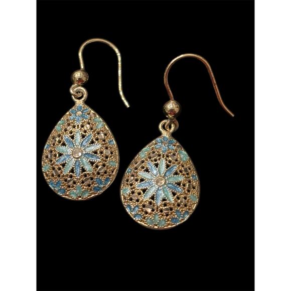 Mia Fiore Dyadema Sterling Silver Gold Vermeil Blue Floral Enamel Earrings 925 - Picture 1 of 5